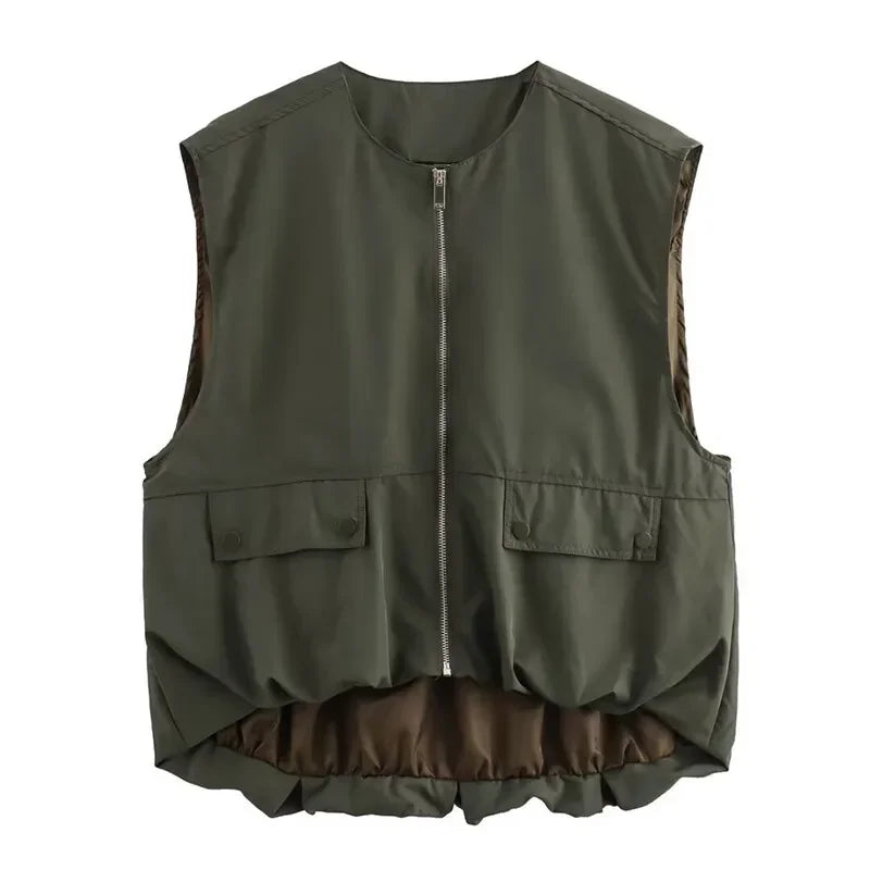 Women Fashion With Pockets Pleated Front Zipper Vest Sleeveless Jackets Vintage O-Neck Waistcoat Female Chic Tank Tops