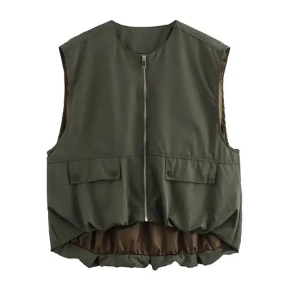 Women Fashion With Pockets Pleated Front Zipper Vest Sleeveless Jackets Vintage O-Neck Waistcoat Female Chic Tank Tops