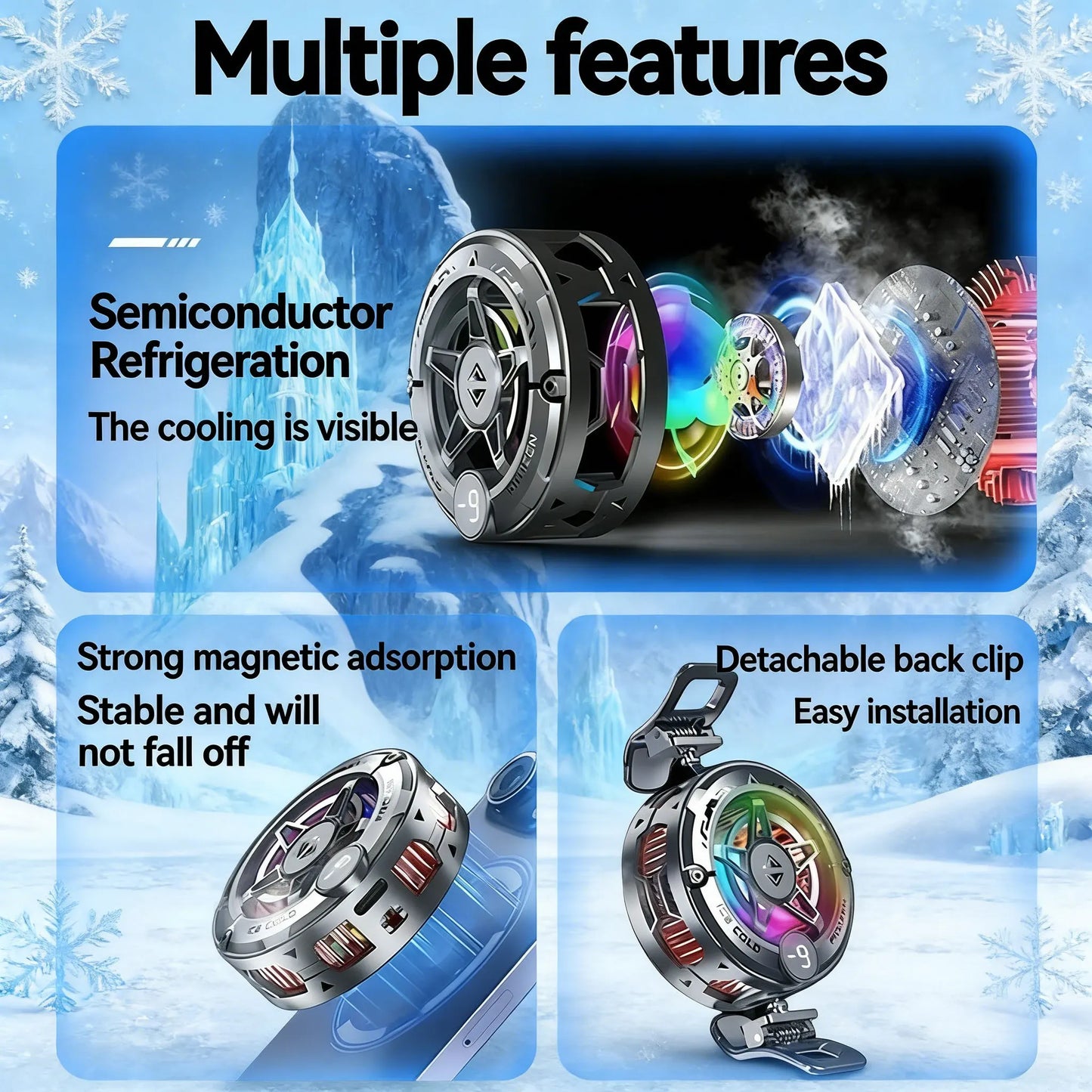 Universal Phone Cooler for Gaming, Magnetic Semiconductor Cooling Fan with Digital Display RGB Lights