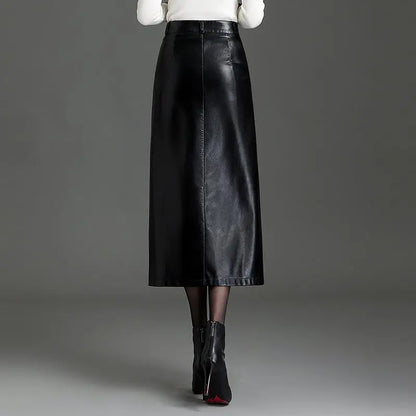 Autumn and Winter Fashion PU Leather Skirt, Solid Color High Waist Straight Tube Package Hip A Word Slit Half Body Skirt Women