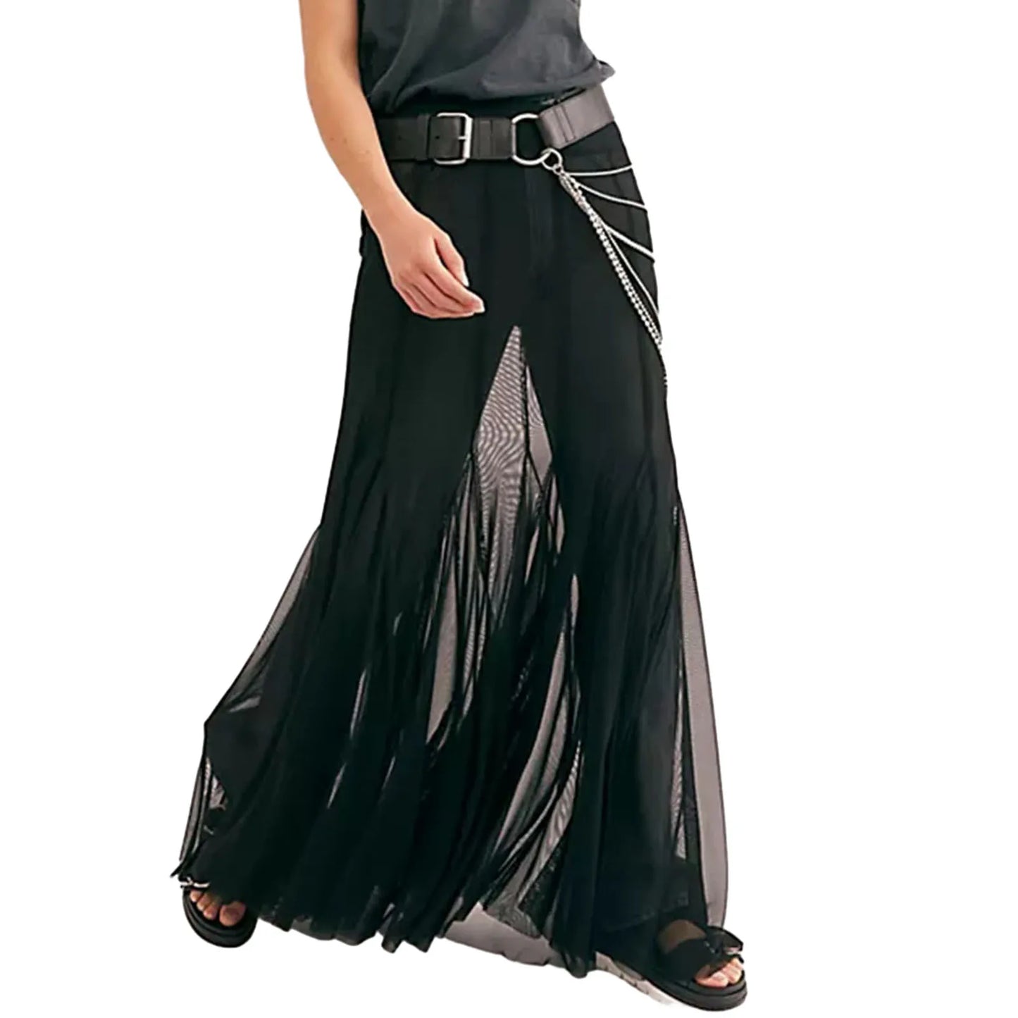 Fashion Women’s Mesh Sheer Long Skirts Elastic High Waist Ruffle Hem Flowy Skirts Casual A-line Midi Skirts