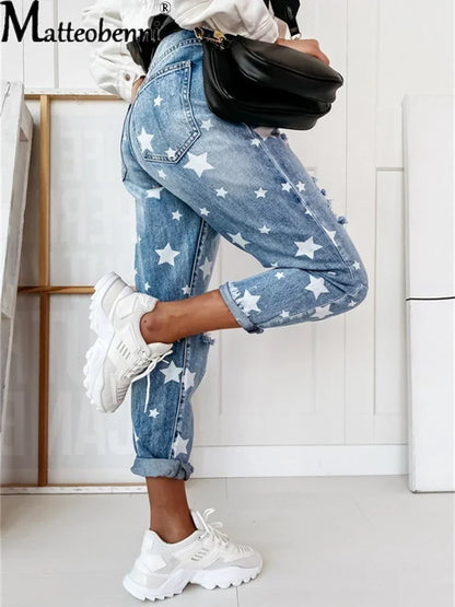 New Autumn Boyfriend Jeans Woman Slim Hole Jeans For Ladies With Five-Pointed Star Ripped Jeans Street Casual Blue Denim Pants