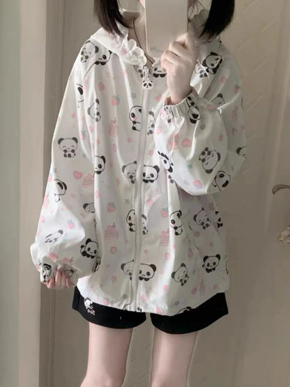 Japanese Kawaii Cartoon Print Jackets Loose Y2k Casual Sun Protection Women's Tops Lace Patchwork Preppy Grunge Hooded Coats