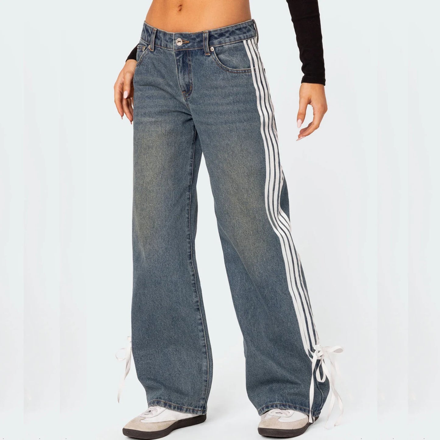Women Vintage y2k Side Striped Bow Tie Jeans Boyfriend Low Rise Baggy Straight Wide Leg Jeans Casual Loose Fit Denim Pants