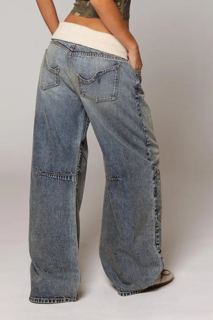 Y2K new style spliced waist design light blue washing women jeans fashionable high street Harajuku high waist wide leg pants