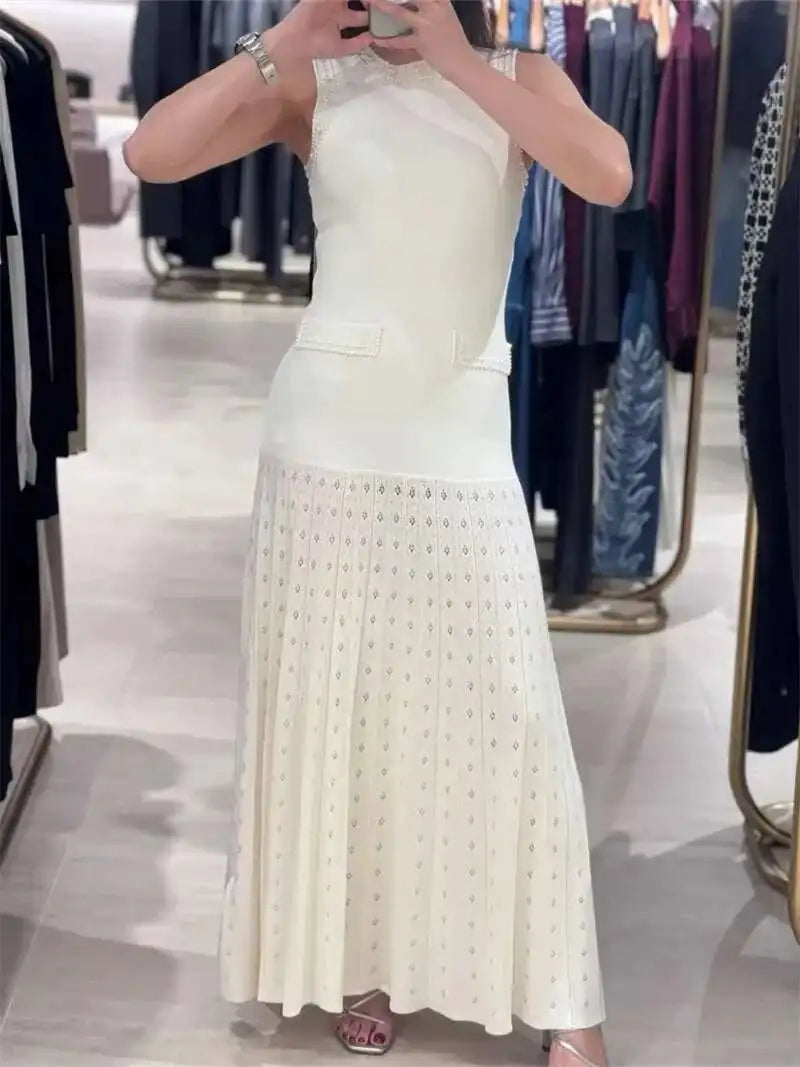 Pearls Decorated Women Round Neck Sleeveless Splicing Knitted Sweater Dress Elegant Or Short Knitted 2025 Spring New Women P8QA