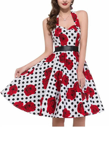 Women Summer Polka Dot Vintage Dress Fashion Party Office Lady 50s 60s Rockabilly Big Swing Halter Clothes Tunic Vestidos
