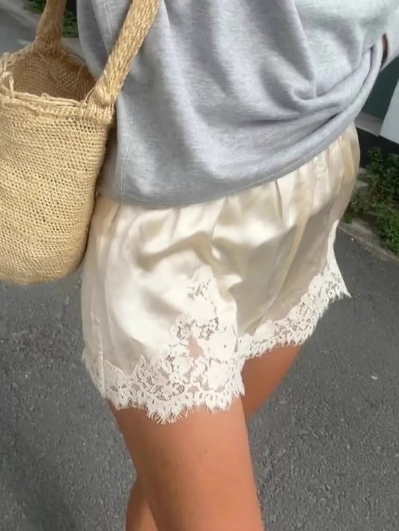Women 100%Silk Lace Patchwork Set V-Neck Sleeveless Camisole + High Waist Shorts + Straight Long Skirt Sexy Ladies Suits