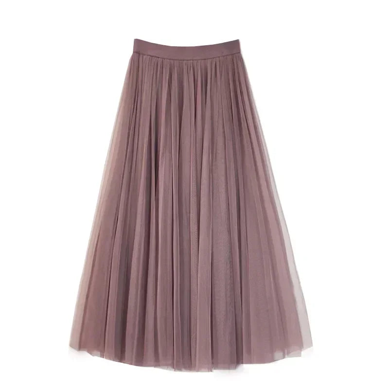 Women Mesh Elastic Tutu Skirt Beach Spring Summer Korean High Waist Fashion Pleated Long Skirt Black White Tulle Skirts LSK010