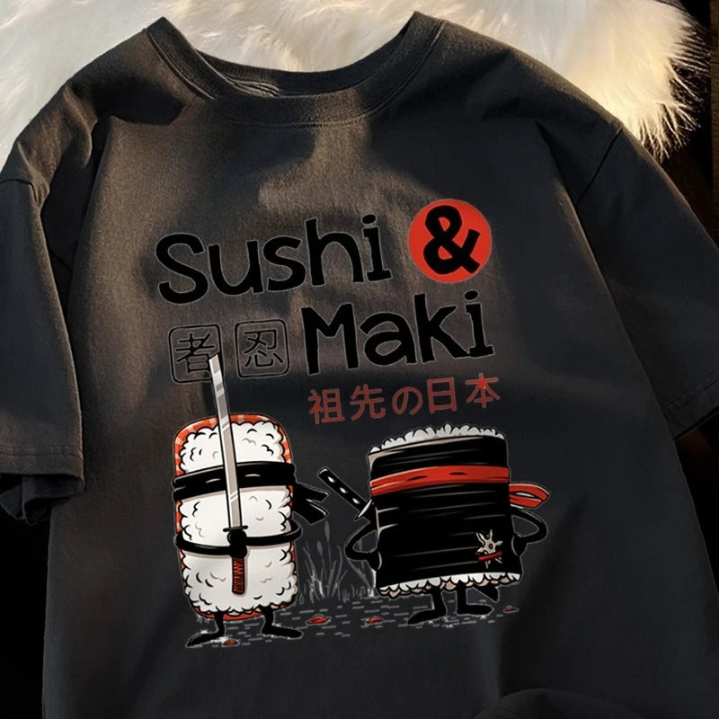 Theduc Sushi and Sushi Printing Men Women Tshirt Cotton T-Shirts Loose T Shirt Crewneck Loose Tops Fashion Clothes Unisex