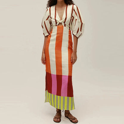 Puff Sleeves High Waist Slim Fit Women's Long Dress Vintage Side Split Holiday Dress Low Cut V Neck Pattern Printed A-line Dress