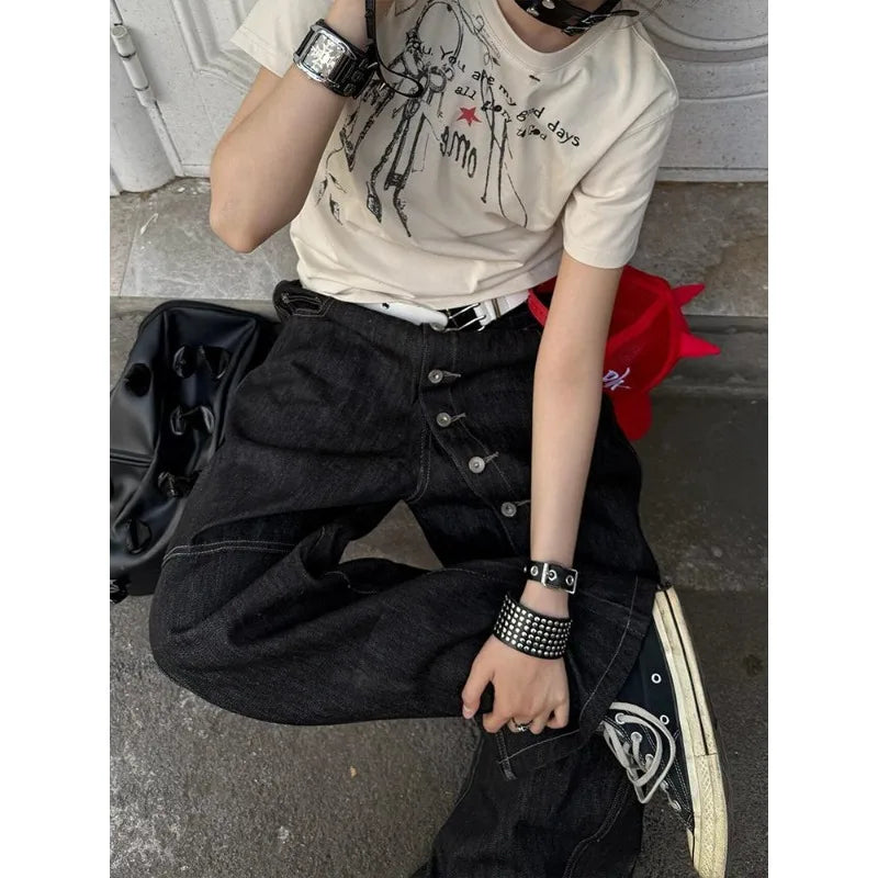 Black Gothic Y2k Emo Baggy Jeans Women Vintage Japanese 2000s Style Denim Trouser Harajuku Grunge Jeans Pants Oversize Clothes