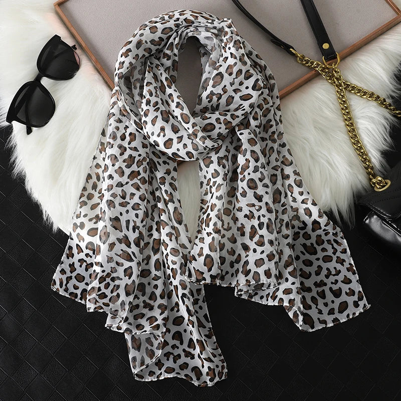 1pc Women Chiffon Classic Leopard Print Scarf Fashionable Comfortable Breathable Shawl Lightweight Headscarf Muslim HIjab Wraps