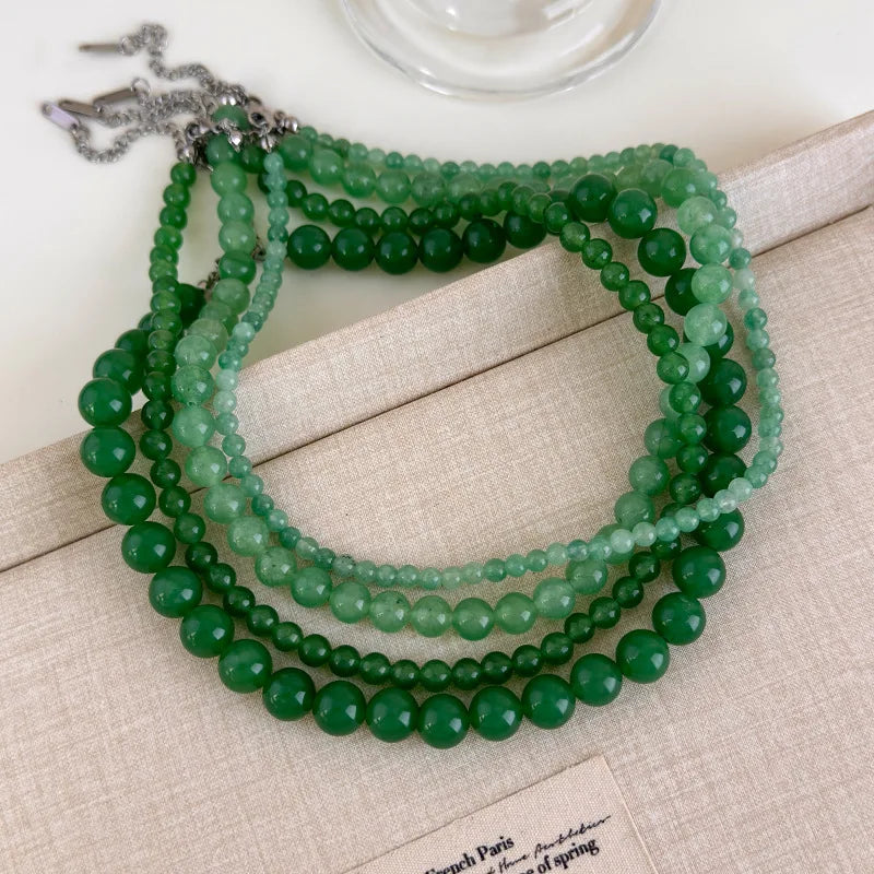 The Wizard of Oz-Inspired New Chinese Style Jadeite Green Beaded Necklace Cool-Toned Natural Stone Collarbone Chain Accessory