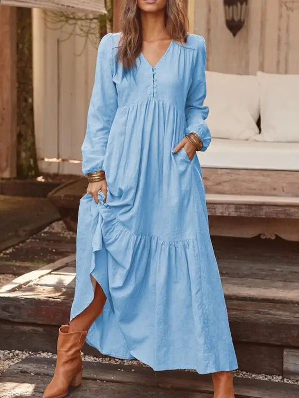 Cotton Linen Women Long Dress 2023 New Loose Fashion V-Neck Casual Solid Long Sleeve A-Line Sexy Dresses Elegant Ruffles Vestido