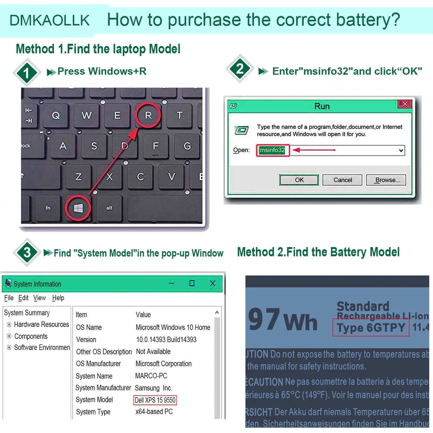Damaite 97Wh 6GTPY Battery for Dell XPS 15-9560 15-9550 15-9570 15-7590 Precision 5520 5530 5540 5510 Vostro 7500 4GVGH 1P6KD