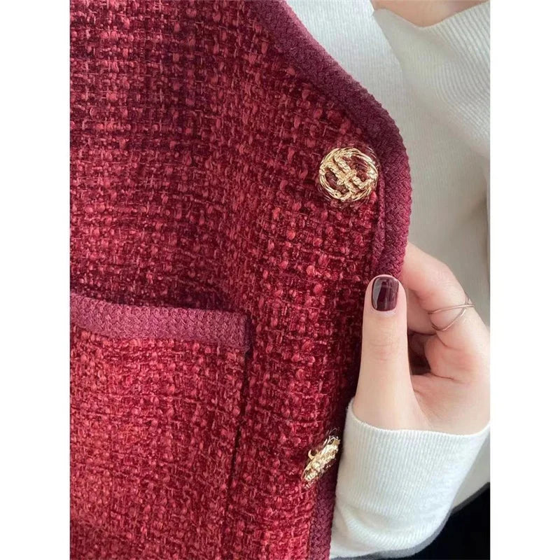 Winter Down Cotton Lined Cropped Jacket Women Korean Fashion Round Neck Tassel Tweed Coat Fashion Single Breasted Warm Outwear
