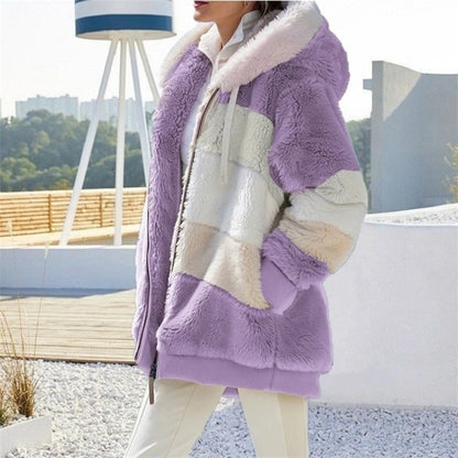 Autumn Winter Warm Plush Pocket Hooded Streetwear Loose Lady Outerwear Coat