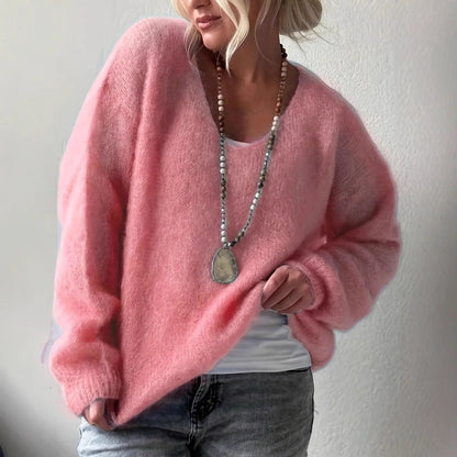 Autumn Elegant V-neck Soft Sweater Tops Women's Causal Long Sleeve Solid Color Knitted Blouse Winter Fashion Loose