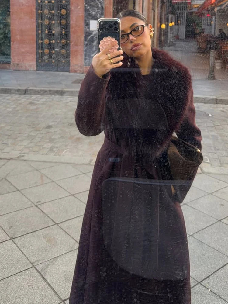 Fur Collar Patchwork V-neck Woolen Overcoat Women long Sleeve Waist Cinched Lace Up Coats Lady Party Daily Outdoor Casual Attire