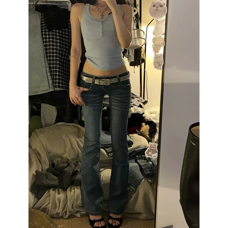 Vintage High Street Low-Waisted Jeans Women 2025 Summer All-Match Wide Leg Y2K Denim Trousers Female Sexy Slim Fit Flares Pants