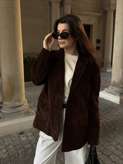 Vintage Brown Suede Jacket for Women Single Breasted Turn-down Collar Blazer with Pocket Casual Office Outerwear Autumn 2025