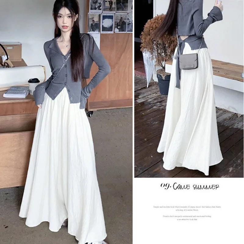 2025 New Women's High Elastic Waist Long Skirts Summer Solid Casual Loose Pleated Maxi Skirt Fashion Streetwear Big Swing Skirts