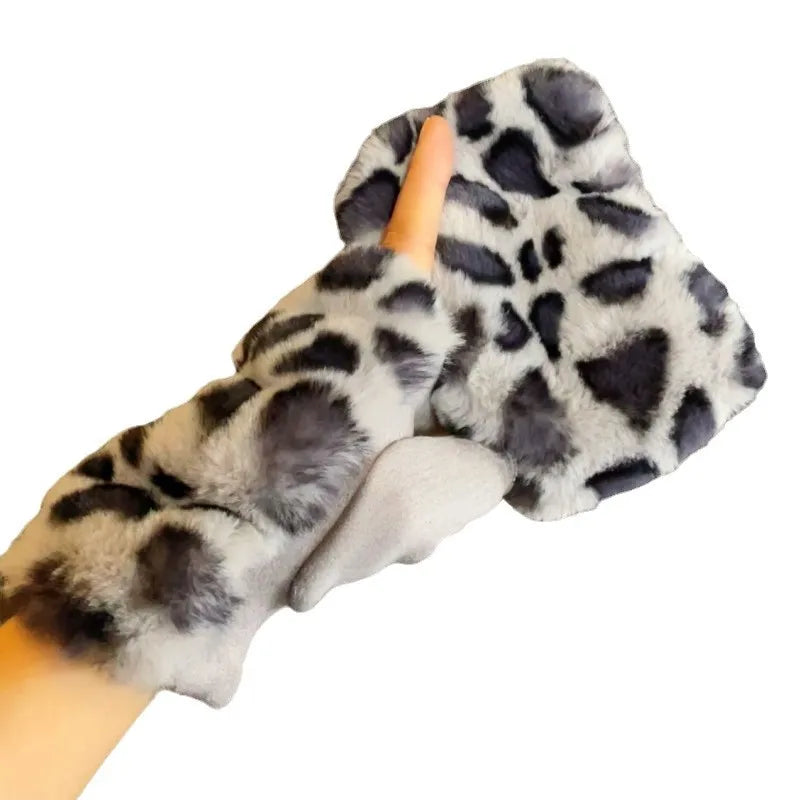 Winter Korean version half -finger leopard gloves suede iconic fur gloves, students with velvet fur, warm gloves wholesale