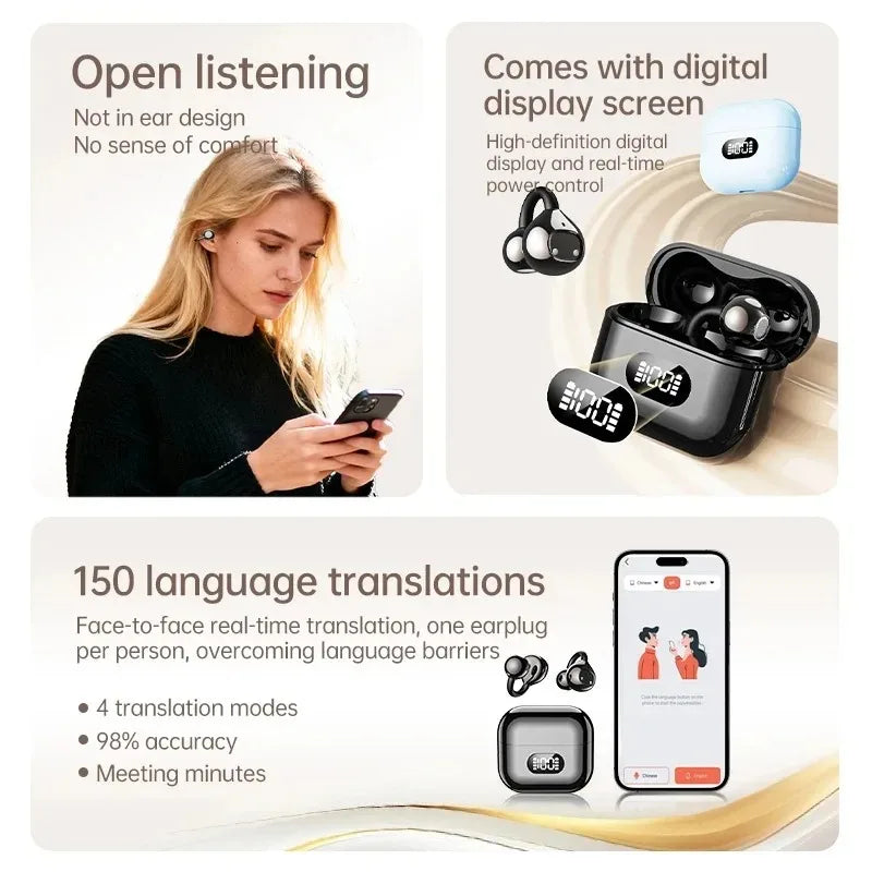Ear Clip Style Open Ear Earbuds Wireless Bluetooth Stereo Audio Clear HD Calls Touch Controlled Portable Headphones for Sports