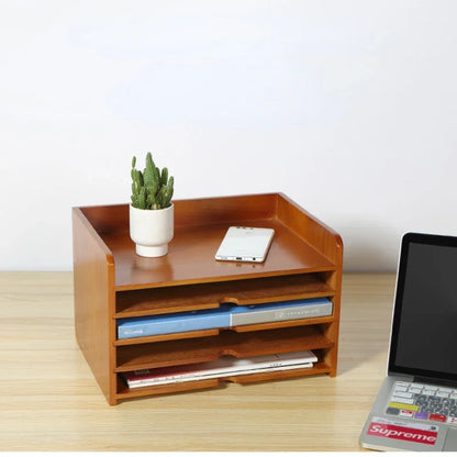 Solid Wood Desktop Organizer Box with Portable Bluetooth Speaker Multi-Function Office Storage Shelf for Home