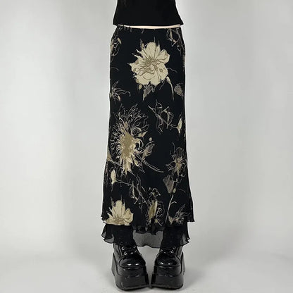 Goth Dark Y2K Aestheics Double Layer Mesh A-line Skirt Women Fashion Florals Print Slim Skirts Fairy Streetwear Gothic Bottoms