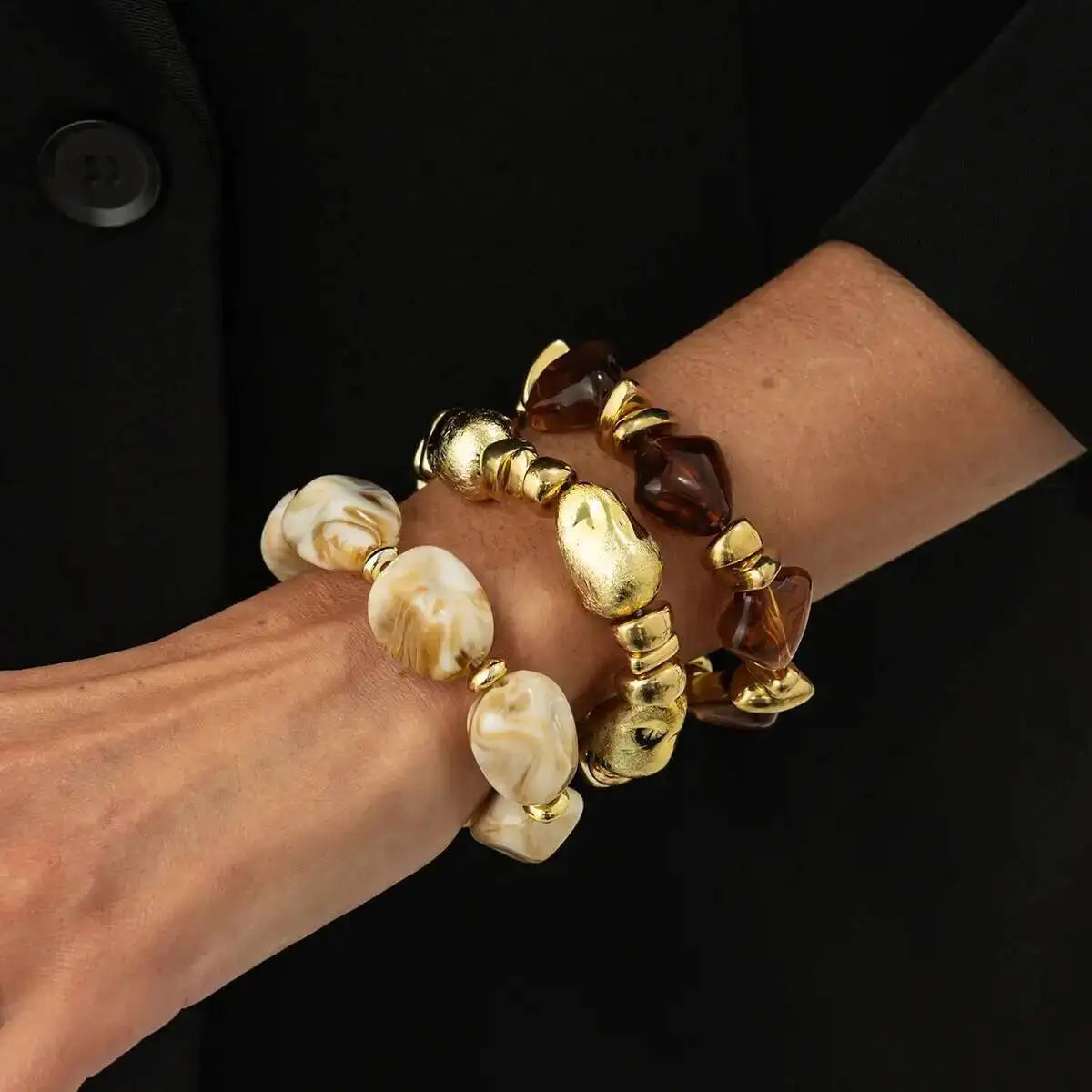 SHIXIN 3Pcs/Set Vintage Resin Acrylic Beaded Bracelets for Women Trendy Irregular Stackable Elastic Bangle Party Jewelry Gift
