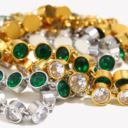 E.B.belle Stainless Steel Shiny Round Green/Clear Zircon Bracelet Chain 18K Gold Plated Women’s Hand Jewelry