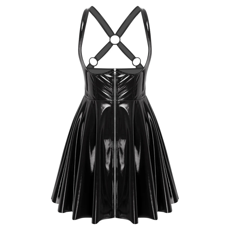 Women Gothic Punk PU Leather Dress Sexy Low Cut Sleeveless Mini Back Cross Straps Wet Look Glossy Clubwear for Halloween Cosplay