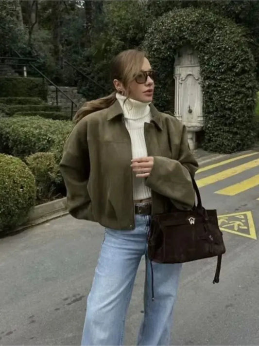 Vintage Faux Suede Short Jackets For Women Zipper Fashion Loose Bomber Jacket Coat Autumn Winter 2025 New Chic Casual Outerwears