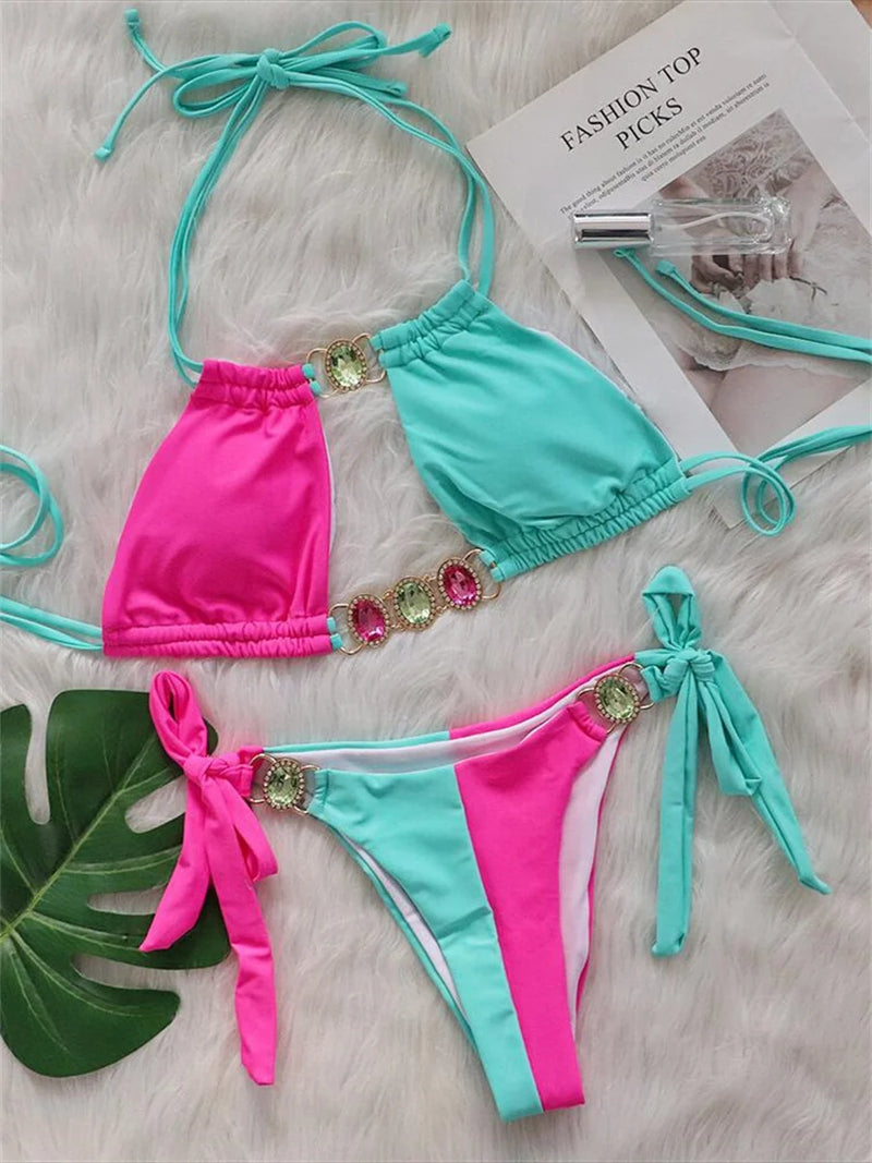 Luxury Rhinestones Splicing Bikini Set Women Halter Patchwork Cut Out Push Up Diamond Swimsuit 2024 Bathing Suit Thong Swimwear