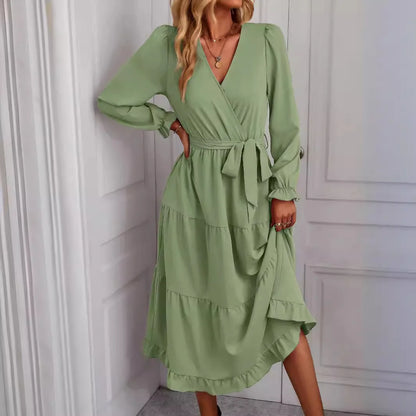Women's Long Puff Sleeve V Neck Casual Dress Autumn New Fashion Long Sleeve Dress Elegant Fashion Spring Summer Streetwear