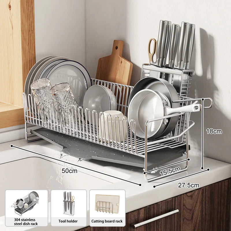 Dish Drying Rack with Drainboard, Dish Rack for Kitchen Counter, Dish Drainer Rack with Utensil Holder, Kitchen Organization