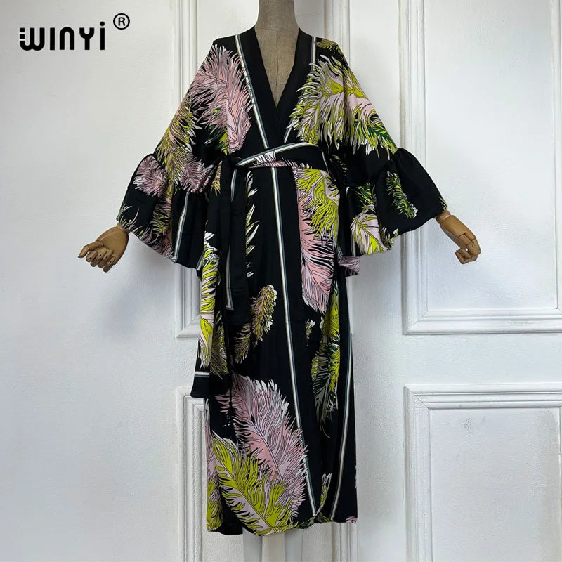 WINYI cotton feeling kimono print Self Belted dress Women Elegant holiday Bubble sleeve cardigan beach Wear Swim Suit cover up