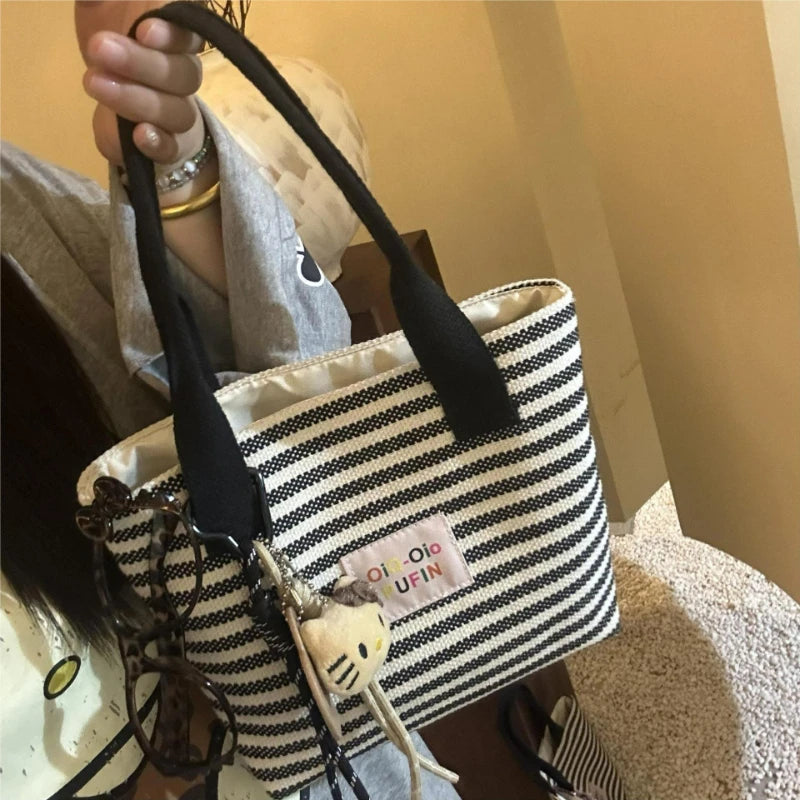 Fashionable Striped Canvas Tote Bag for Women Lightweight Durable Commuter Bag Relaxed Texture and Simple Design Handle Bag