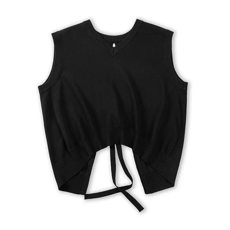 Maden Women's Casual V-neck Knitted Vest Vintage Black Sleeveless Lace-up Sweater Vests Female Knitwear Tops Oversize Outwear