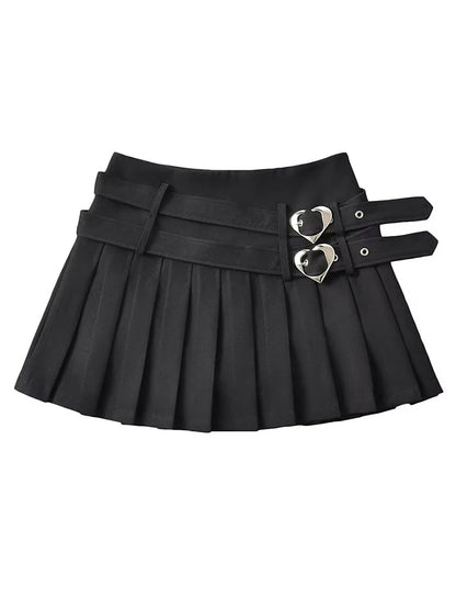 Women Summer New Fashion Hot Sweet Slim Pleated Super Short Skirt Cute Chic Heart Belt Mini Skort Streetwear Shorts Skirts