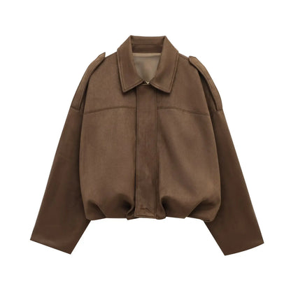 Vintage Faux Suede Short Jackets For Women Zipper Fashion Loose Bomber Jacket Coat Autumn Winter 2025 New Chic Casual Outerwears