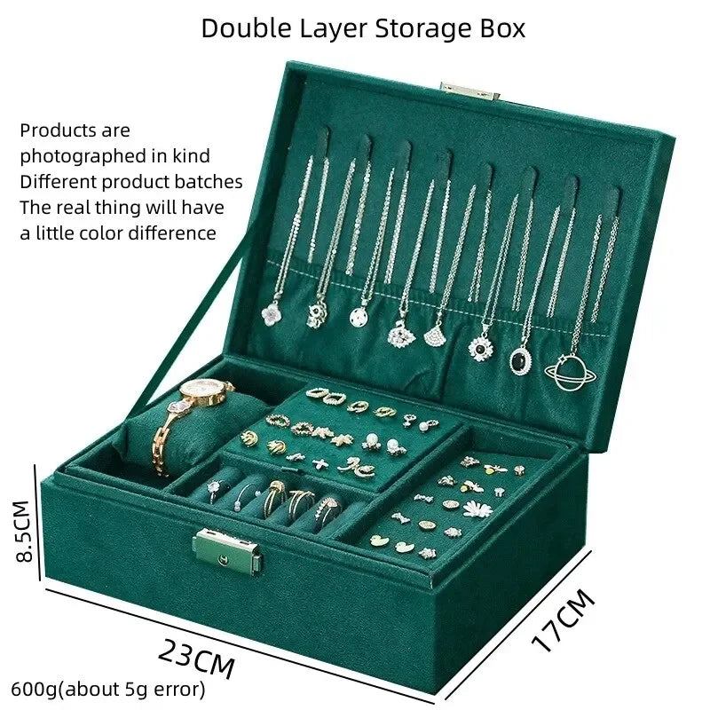 Pink Green 2-Layer Flannel Jewelry Organizer Box Necklaces Earrings Rings Display Holder Case for Women Large Capacity With Lock