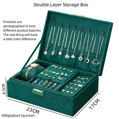 Pink Green 2-Layer Flannel Jewelry Organizer Box Necklaces Earrings Rings Display Holder Case for Women Large Capacity With Lock
