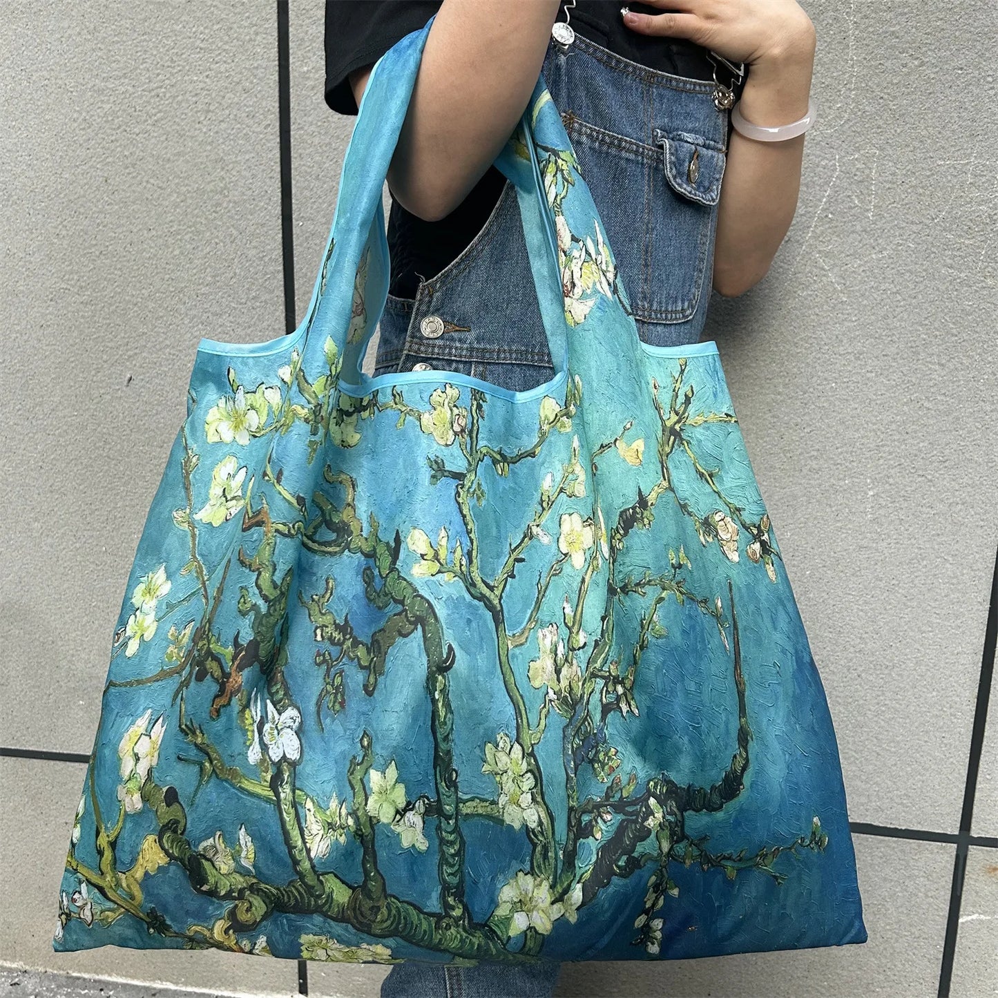 Chic Iris Flower Large Tote Bag Foldaway Convenience Nylon Shopping Bag with Shoulder Strap Lightweight Machine Washable