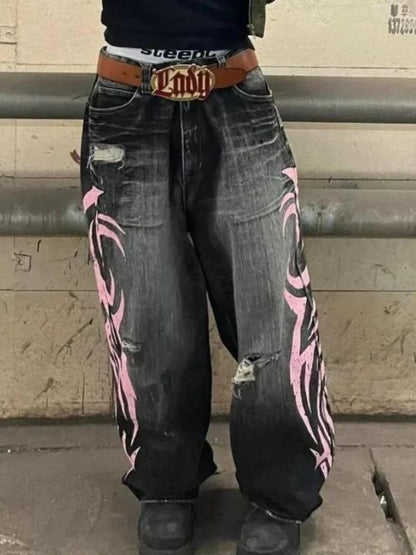 Y2k Vintage Gothic Punk Jeans Women Harajuku Print Grunge Baggy Denim Trousers Punk Hip Hop Black Streetwear Wide Leg Jeans
