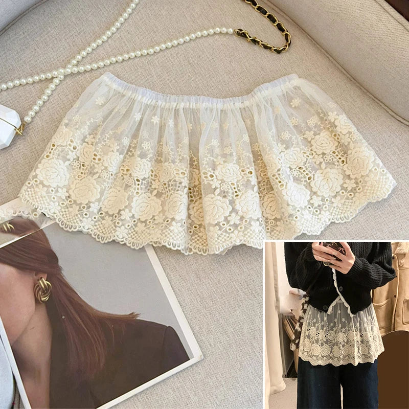 Women High Waist A-Line Flounce Short Skirt Butt Curtain Y2K Streetwear Layered Half Skirt Lace Trim Bottom Cover Skirt Fake Hem