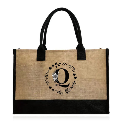 Shopping Bag Burlap Tote Bag Jute Bags Lightweight Handbag Portable LargeCapacity Women Grocery Organizer Garland Letter Pattern