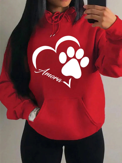 Love And Little Cat Foot Creative Print Women Hoody Fashion Autumn Sweatshirt Pocket Hoodie Sport Style Comfortable Pullover